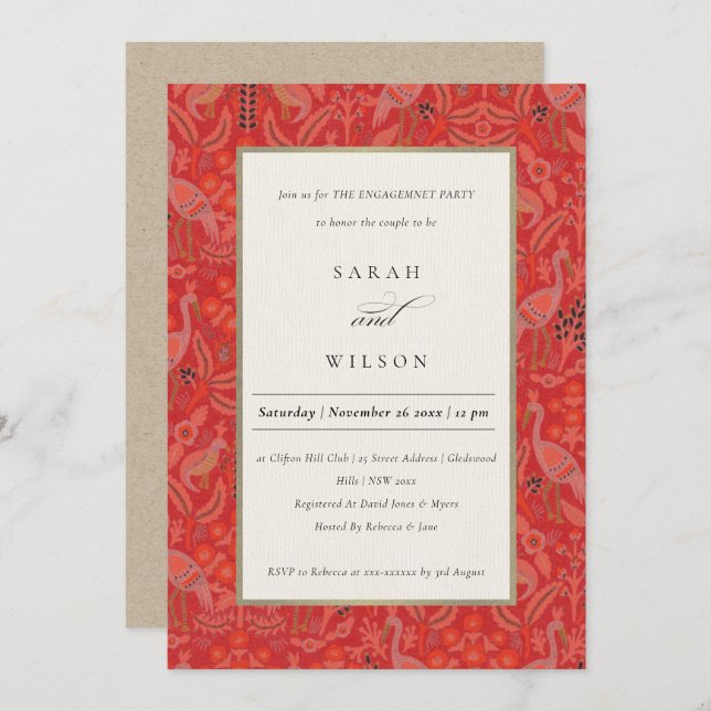 Ornate Red Classy Flora Peacock Pattern Engagement Invitation (Front/Back)