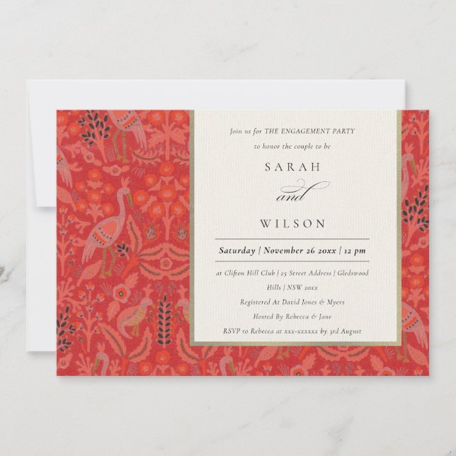 Ornate Red Classy Flora Peacock Pattern Engagement Invitation (Front)