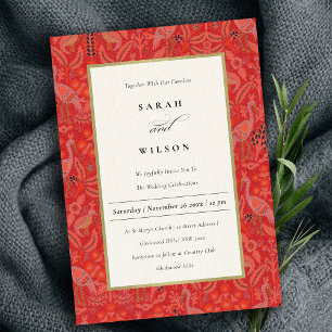 Ornate Red Classy Floral Peacock Pattern Wedding Invitation