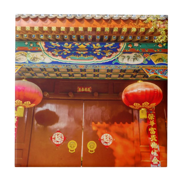 Ornate Red Door, Lanterns New Year Ceramic Tile (Front)