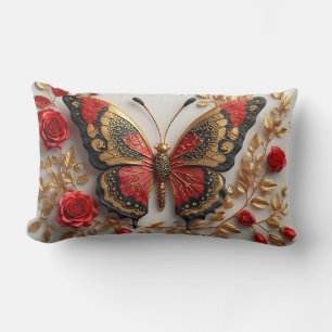 🦋 Ornate Red Gold Butterfly Elegant Floral Design Lumbar Cushion