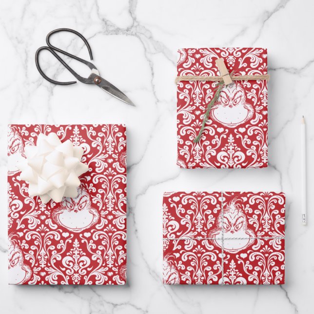 Ornate Red Grinch Pattern Wrapping Paper Sheet (Front)
