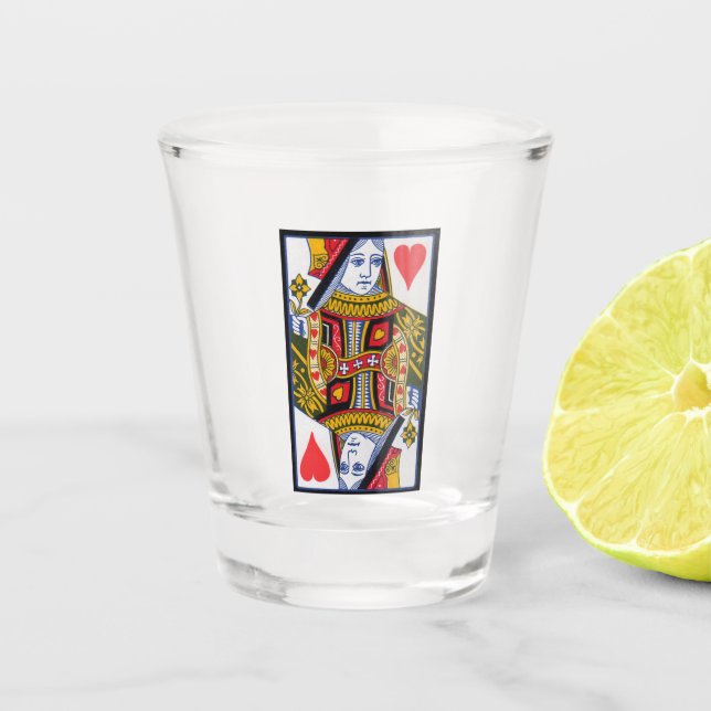 Ornate Red Heart Queen Playing Card Colourful Shot Glass (Front)