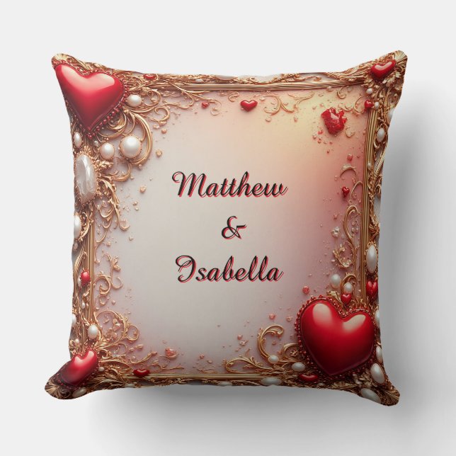 Ornate Red Hearts with Gold and Pearls Cushion (Front)