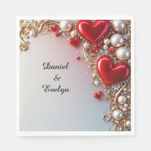 Ornate Red Hearts with Gold and Pearls Napkin
