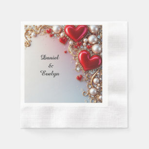 Ornate Red Hearts with Gold and Pearls Napkin