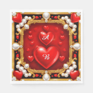 Ornate Red Hearts with Gold and Pearls Napkin