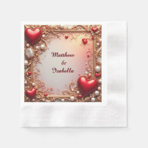 Ornate Red Hearts with Gold and Pearls Napkin