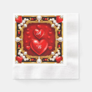 Ornate Red Hearts with Gold and Pearls Napkin