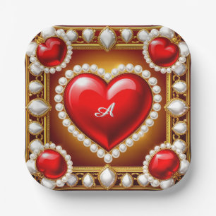 Ornate Red Hearts with Gold and Pearls Paper Plate