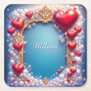 Ornate Red Hearts with Gold and Pearls Square Paper Coaster