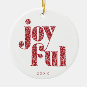 Ornate Red Joyful typography Christmas/Holiday Ceramic Ornament