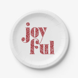 Ornate Red Joyful typography Christmas/Holiday Paper Plate