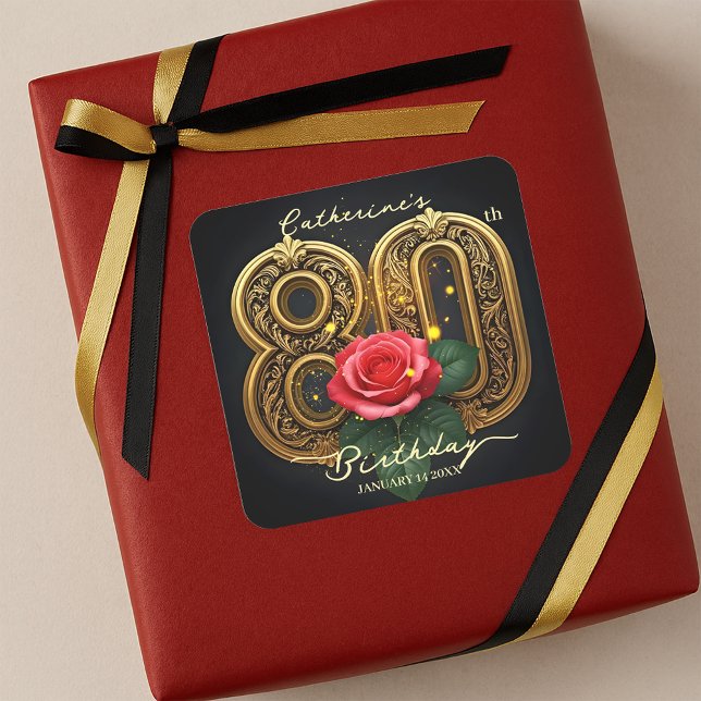 Ornate Red Rose and Gold Filigree 80th Birthday Square Sticker (Creator Uploaded)