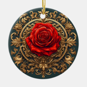 Ornate Red Rose With Gold Baroque Frame Ceramic Ornament