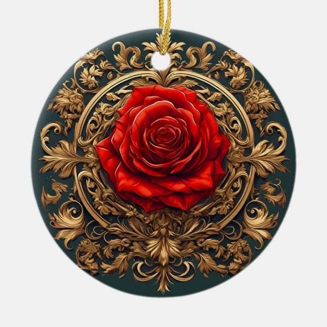 Ornate Red Rose With Gold Baroque Frame Ceramic Ornament (Front)