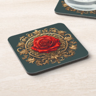 Ornate Red Rose With Gold Baroque Frame Coaster