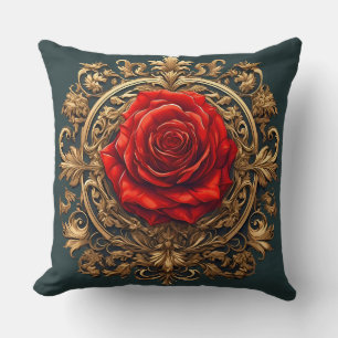 Ornate Red Rose With Gold Baroque Frame Cushion