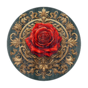 Ornate Red Rose With Gold Baroque Frame Cutting Board