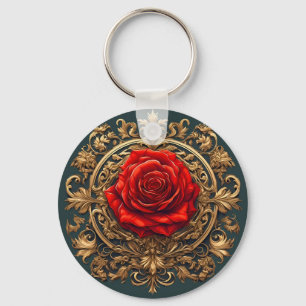 Ornate Red Rose With Gold Baroque Frame Key Ring