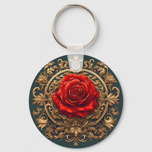 Ornate Red Rose With Gold Baroque Frame Key Ring (Front)