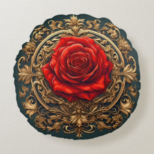 Ornate Red Rose With Gold Baroque Frame Round Cushion