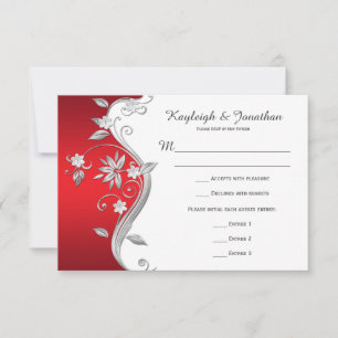 Ornate Red White Silver Flowers RSVP Card
