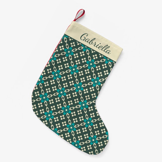 Ornate Retro Pattern Emerald Green Personalised Small Christmas Stocking (Front (Hanging))