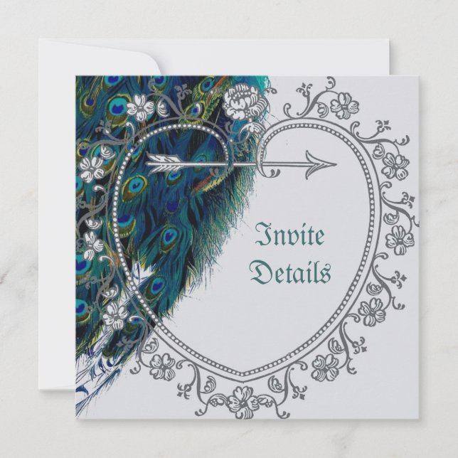 Ornate retro vintage art peacock feather invite (Front)