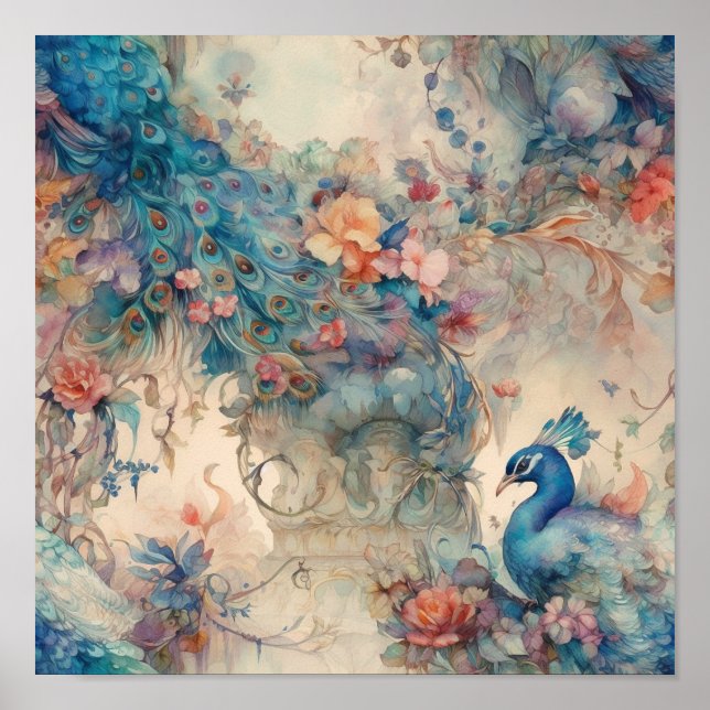 Ornate Rococo Period Floral And Peacock Poster (Front)