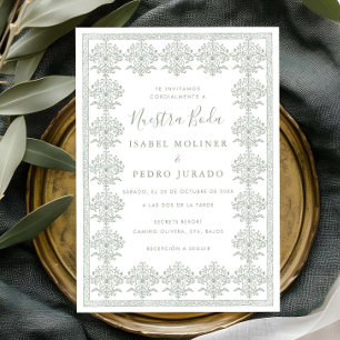 Ornate Romantic Sage Green Nuestra Boda Wedding Invitation