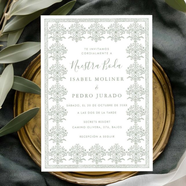 Ornate Romantic Sage Green Nuestra Boda Wedding Invitation (Creator Uploaded)