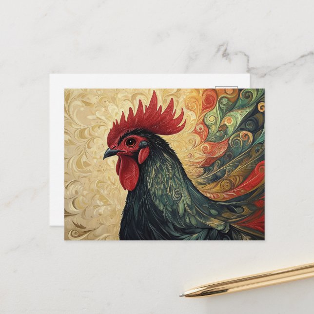 Ornate Rooster Portrait Postcard (Front/Back In Situ)
