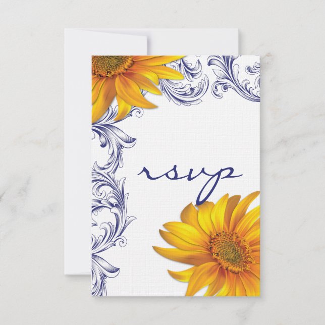 Ornate Royal Blue and Yellow Sunflowers  RSVP Card (Front)