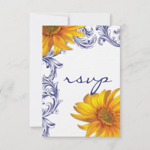 Ornate Royal Blue and Yellow Sunflowers RSVP Card