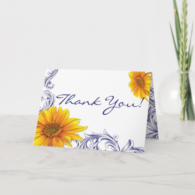 Ornate Royal Blue Yellow Sunflowers Thank You Card (Front)