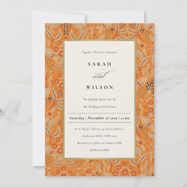 Ornate Rust Orange Floral Peacock Wedding Invite (Front)