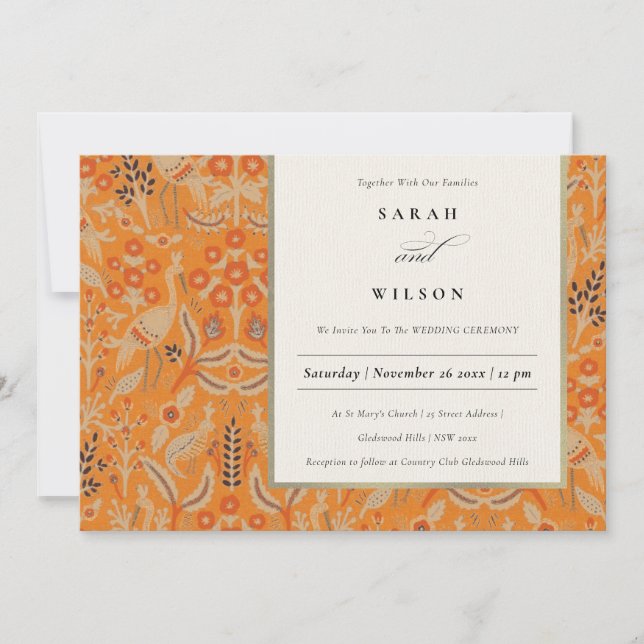 Ornate Rust Orange Floral Peacock Wedding Invite (Front)