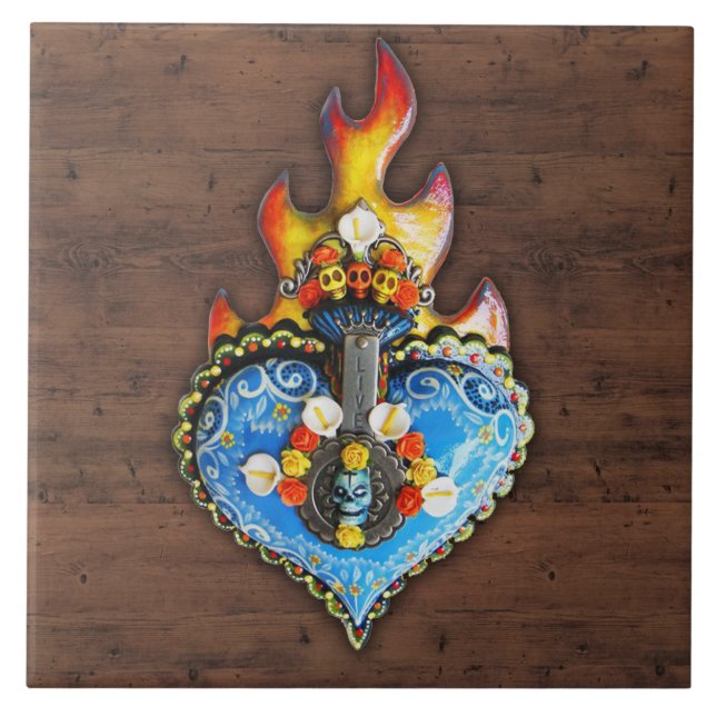 Ornate Sacred Flaming Heart Wall Plaque Ceramic Tile (Front)