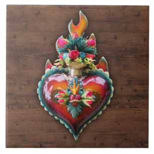 Ornate Sacred Flaming Heart Wall Plaque Ceramic Tile