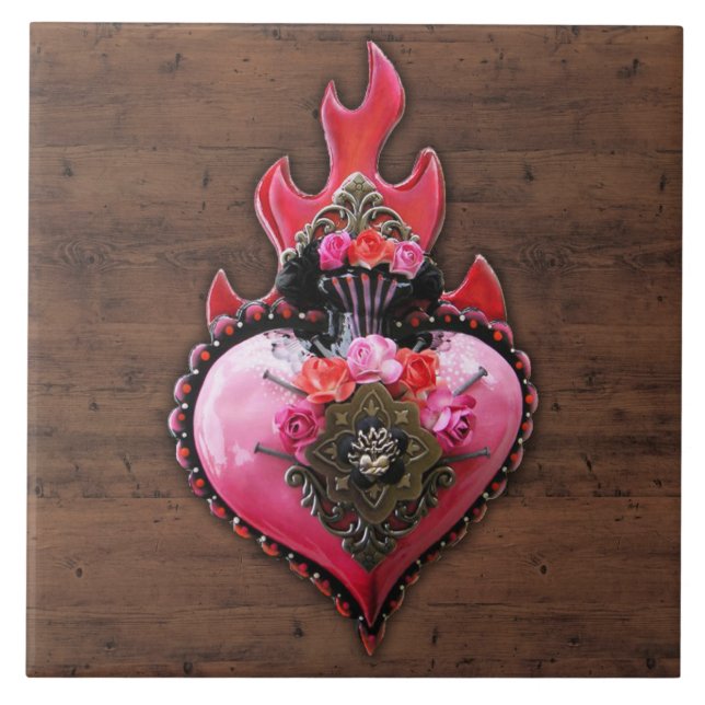 Ornate Sacred Flaming Heart Wall Plaque Ceramic Tile (Front)