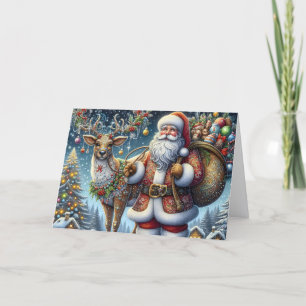 Ornate Santa and Reindeer Christmas Holiday Card