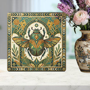 Ornate Scarab Beetle Emerald Teal Gold Art Nouveau Ceramic Tile