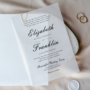 Ornate Script Formal Black and White Wedding Vellum Invitations