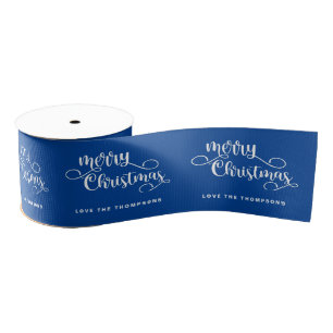 Ornate Script Name White Blue Merry Christmas Grosgrain Ribbon