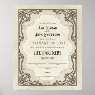 Ornate Scroll Border Wedding Certificate Poster