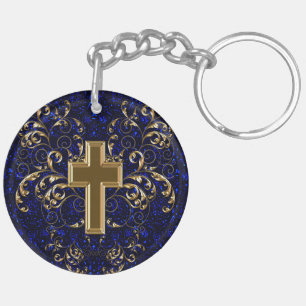 Ornate Scrolls & Cross Keychain, Drk Blue & Gold Key Ring