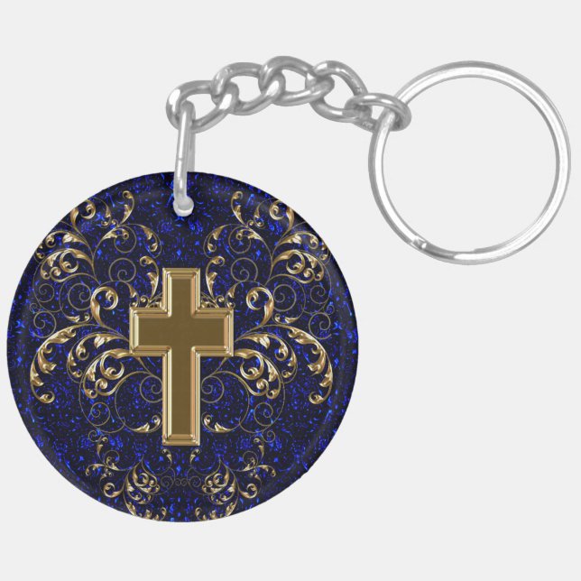 Ornate Scrolls & Cross Keychain, Drk Blue & Gold Key Ring (Back Right)