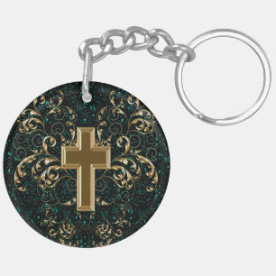 Ornate Scrolls & Cross Keychain, Drk Green & Gold Key Ring
