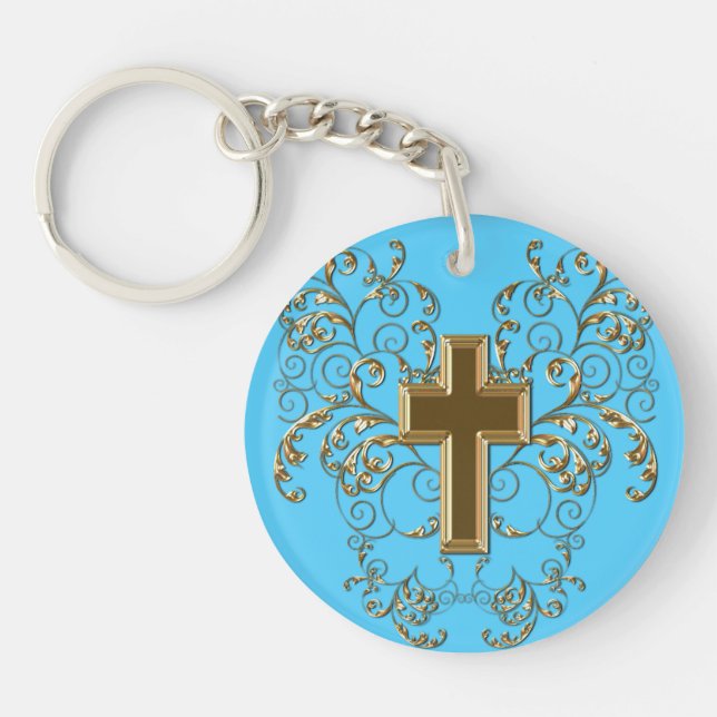 Ornate Scrolls & Cross Keychain, Light Blue & Gold Key Ring (Front)